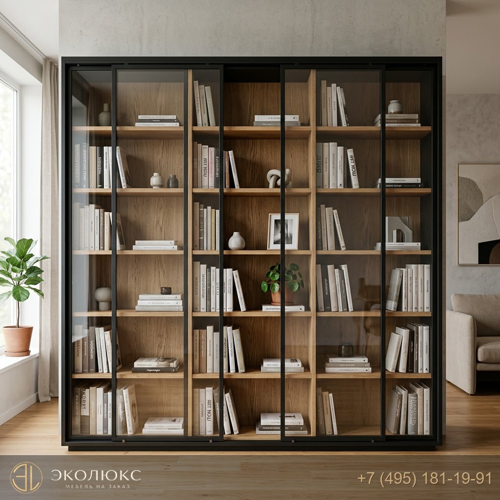 Современный книжный шкаф-витрина с черной рамкой и стеклом